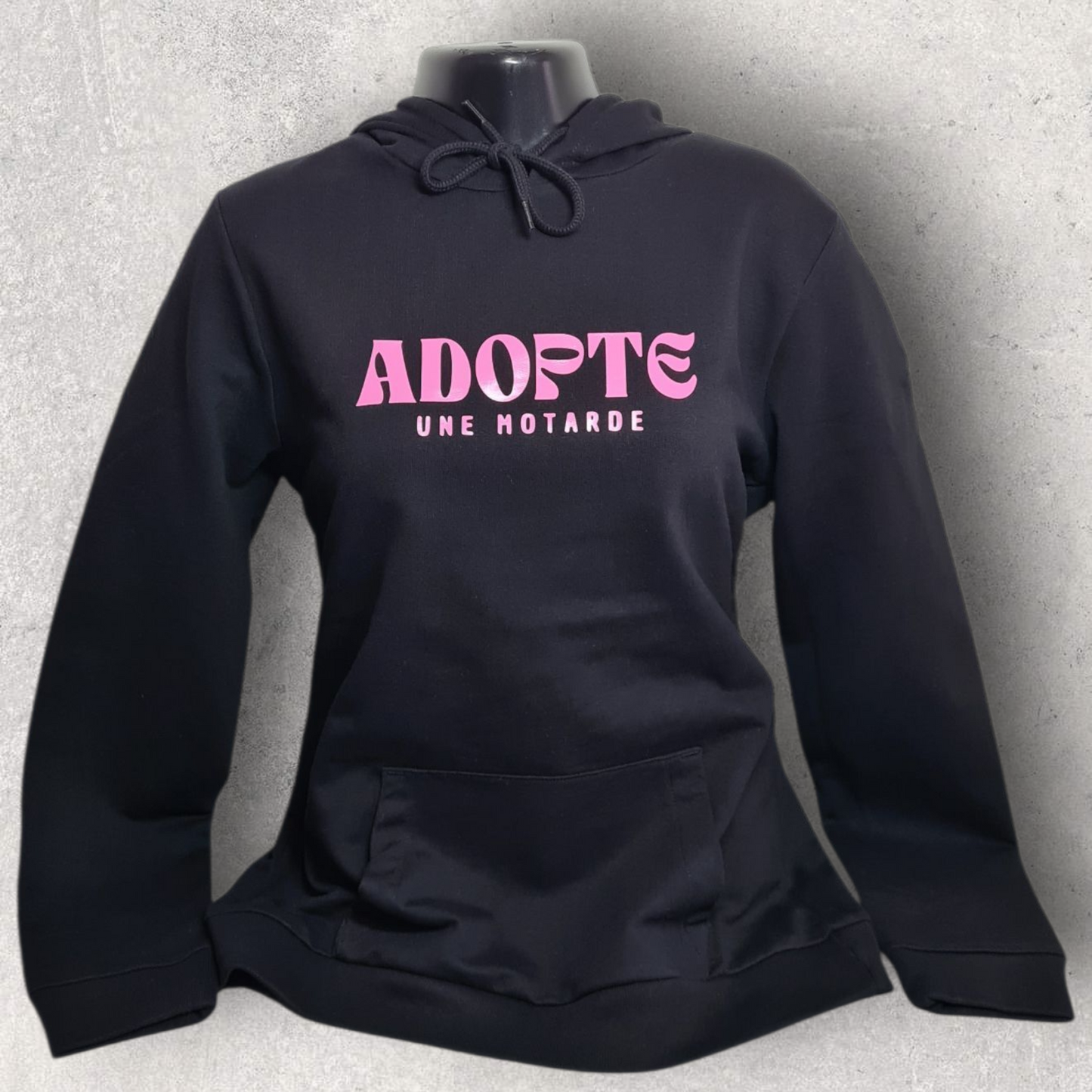 Sweat à capuche noir femme " Adopte une motarde "
