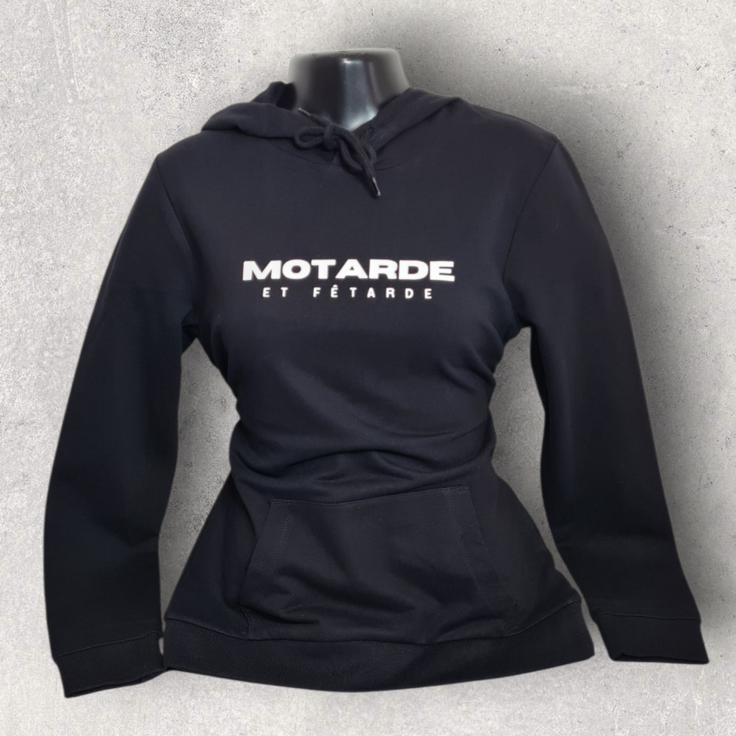 Sweat à capuche noir femme " Motarde et fêtarde "
