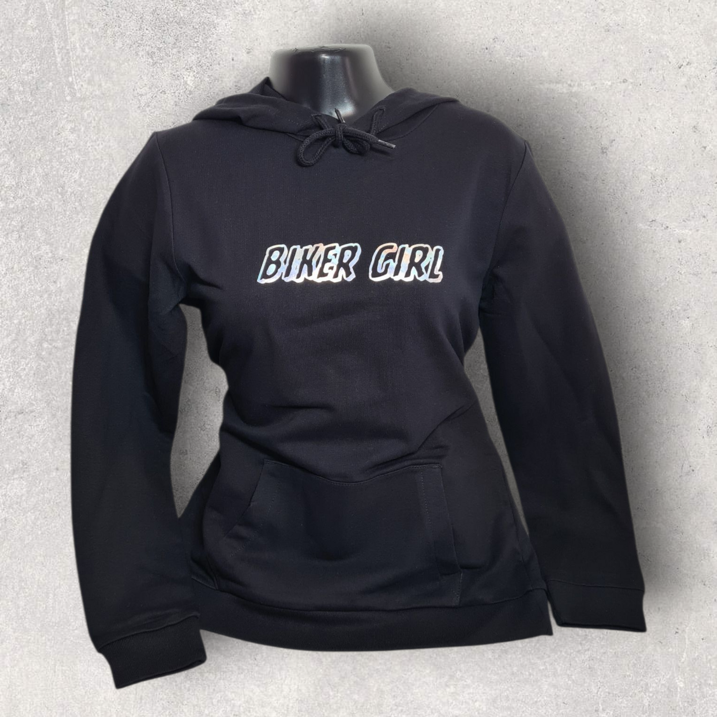 Sweat noir à capuche femme " Bikergirl " holographique