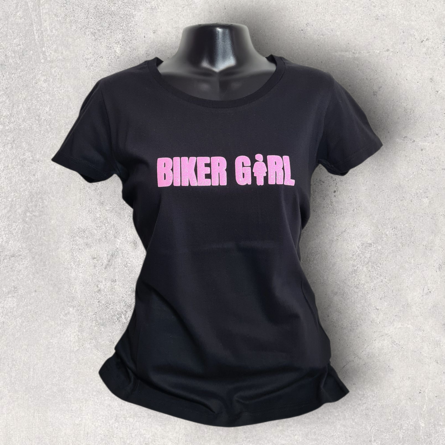 T-shirt noir à manche courte " Biker girl " rose 3D paillette