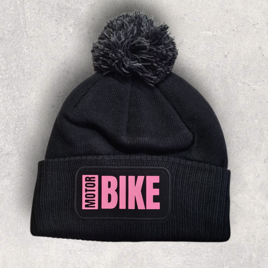 Bonnet noir à pompon " Motorbike " rose