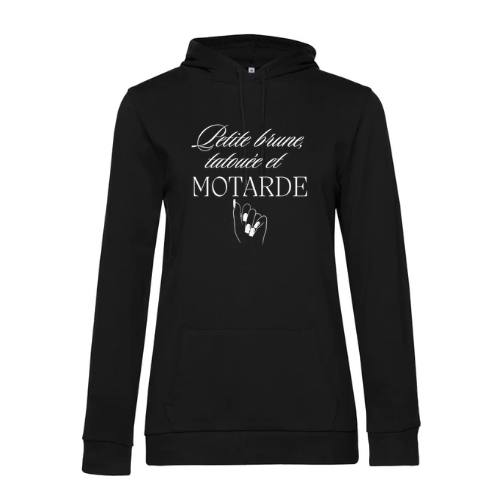 Sweat à capuche noir " Petite brune, tatouée et motarde "