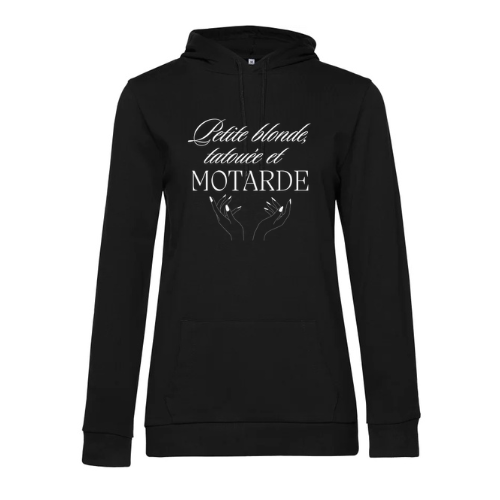 Sweat à capuche noir " Petite blonde, tatouée et motarde "