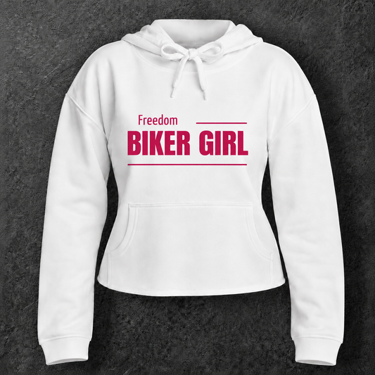 Sweat à capuche court " Freedom biker girl " pour motarde rose red