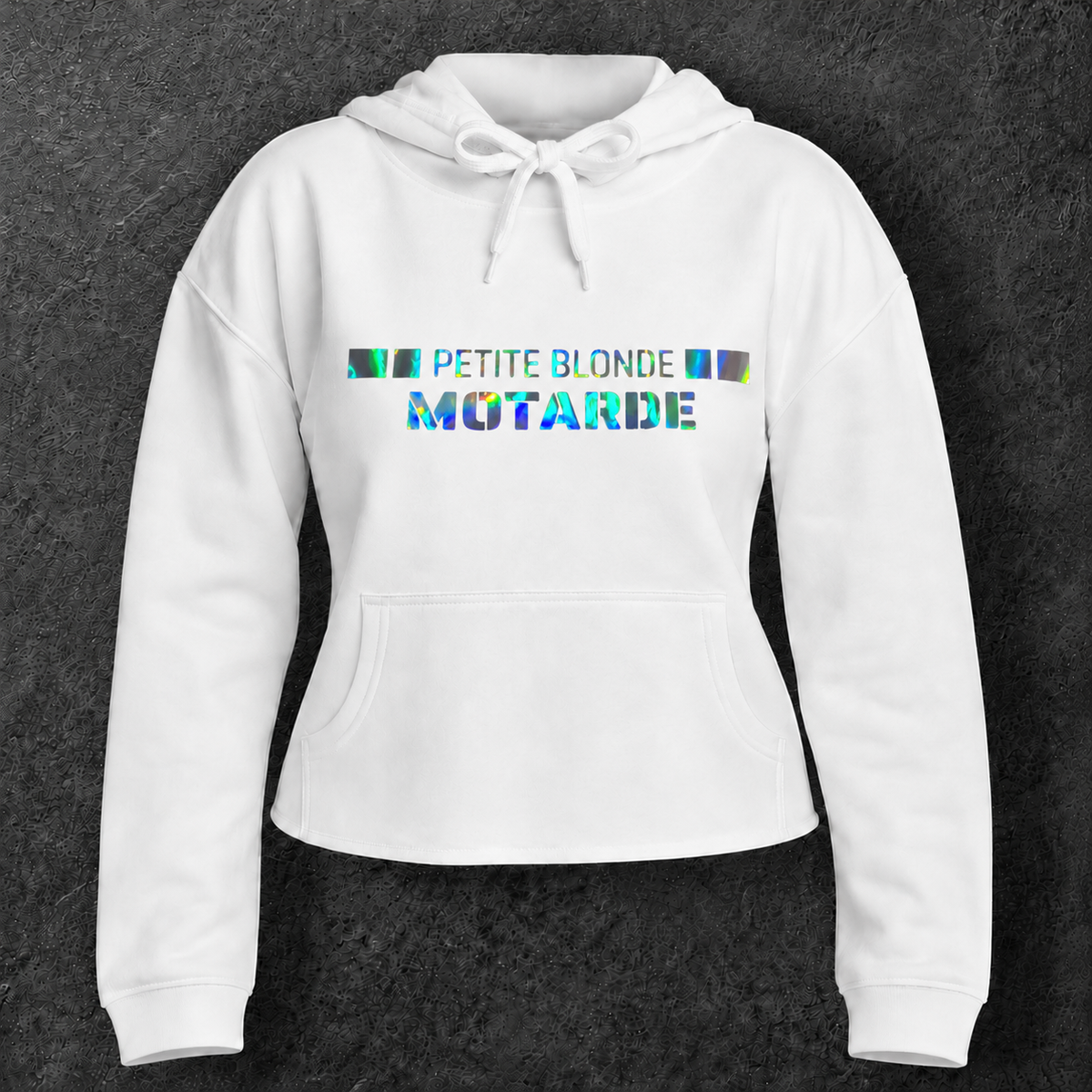 Sweat à capuche court " Petite blonde motarde "