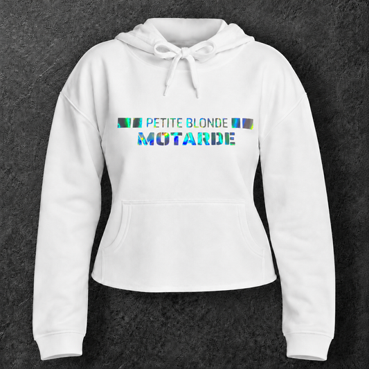 Sweat à capuche court " Petite blonde motarde "