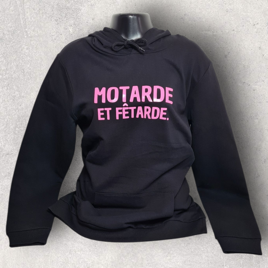 Sweat à capuche noir " Motarde et fêtarde " rose