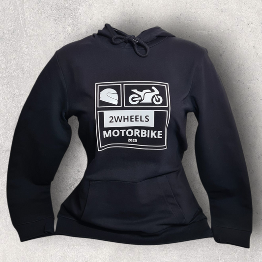 Sweat à capuche noir femme " 2wheels motorbike 2025 " pour motarde