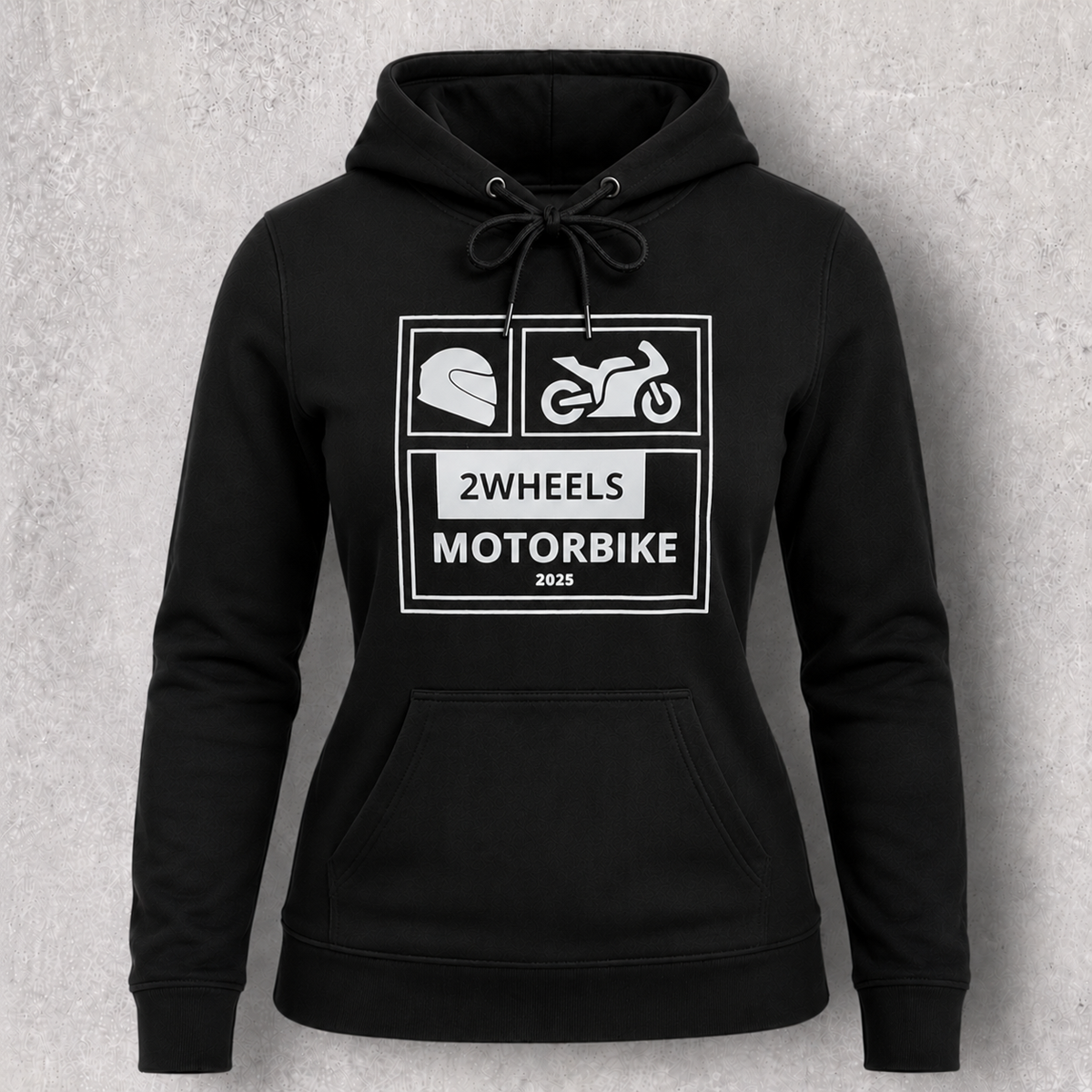 Sweat à capuche noir femme " 2wheels motorbike 2025 " pour motarde