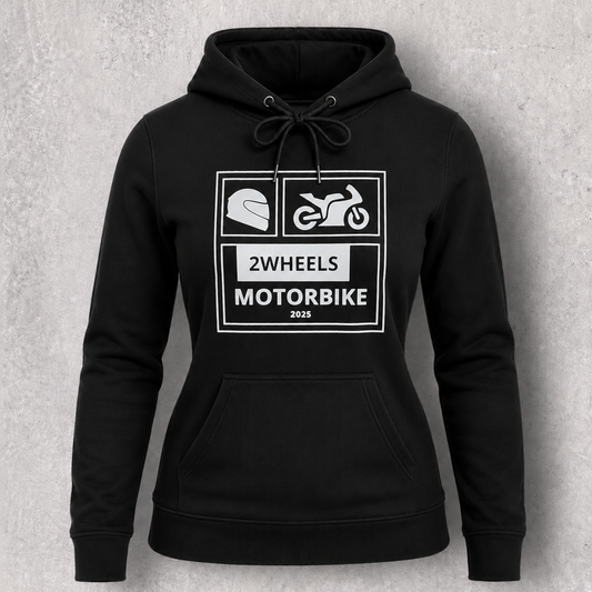 Sweat à capuche noir femme " 2wheels motorbike 2025 " pour motarde