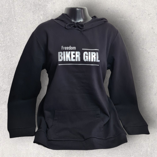 Sweat à capuche noir femme " Freedom biker girl " gris argent pour motarde