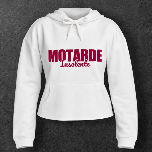 Sweat court à capuche " Motarde insolente " rose velours