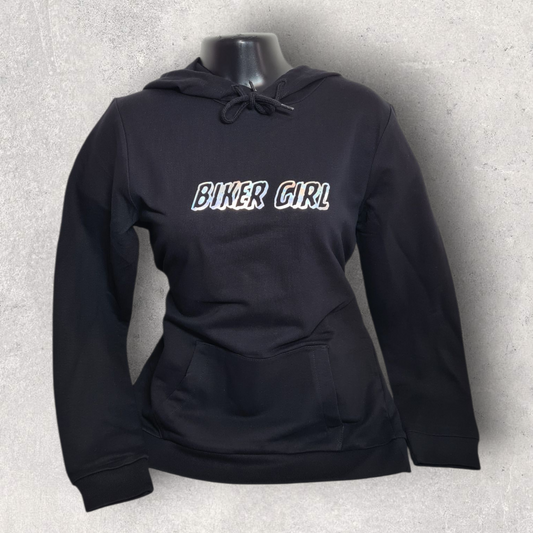 Sweat noir à capuche femme " Bikergirl " holographique