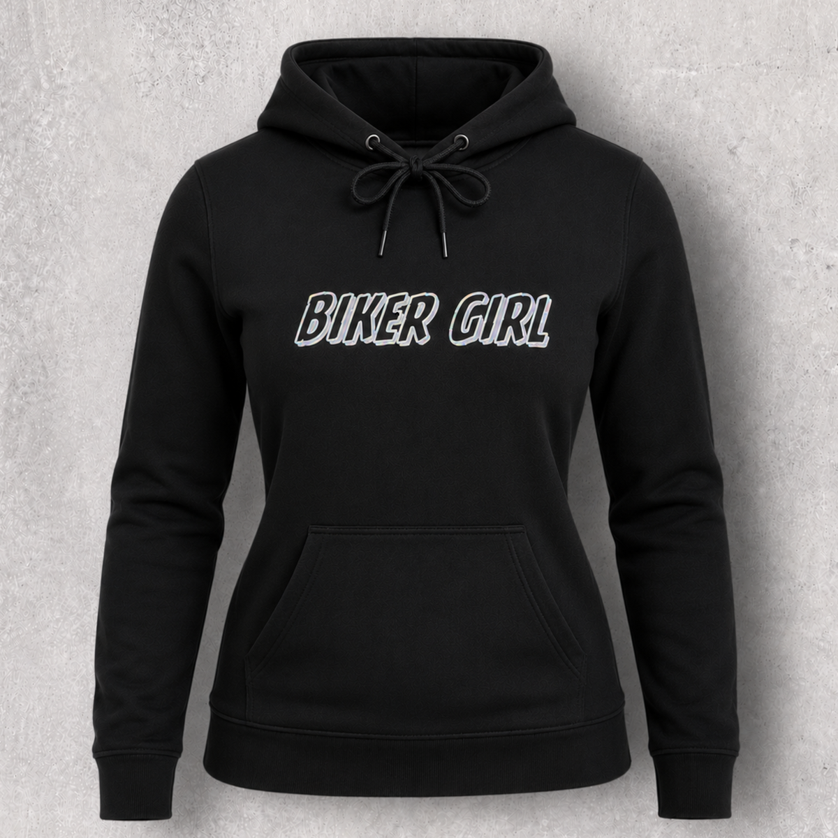 Sweat noir à capuche femme " Bikergirl " holographique