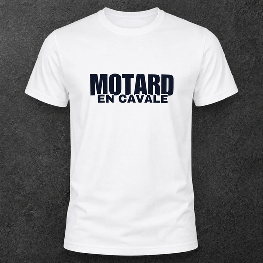 T-shirt blanc " Motard en cavale " bleu marine