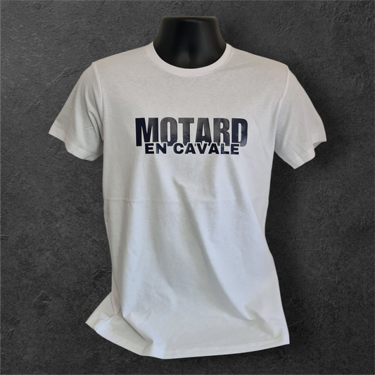 T-shirt blanc à manche courte " Motard en cavale " bleu marine
