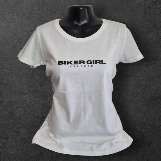 T-shirt blanc à manche courte femme " Biker girl freedom " carbone pour motarde