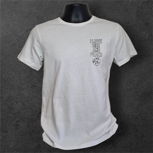 T-shirt blanc à manche courte homme " I love bike and peach " pour motard