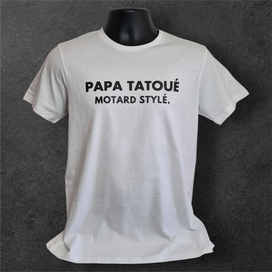 T-shirt blanc à manche courte homme " Papa tatoué motard stylé " carbone