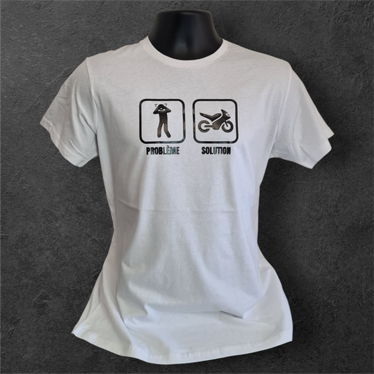 T-shirt blanc à manche courte homme " Problème Solution " pour motard