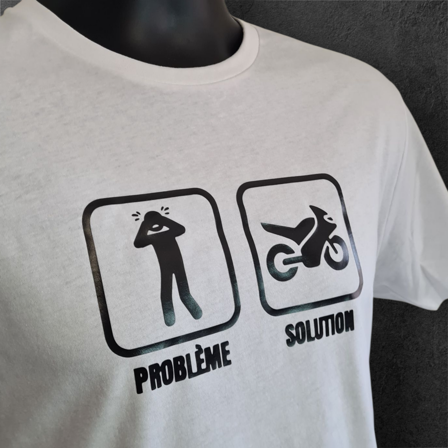 T-shirt blanc à manche courte homme " Problème Solution " pour motard
