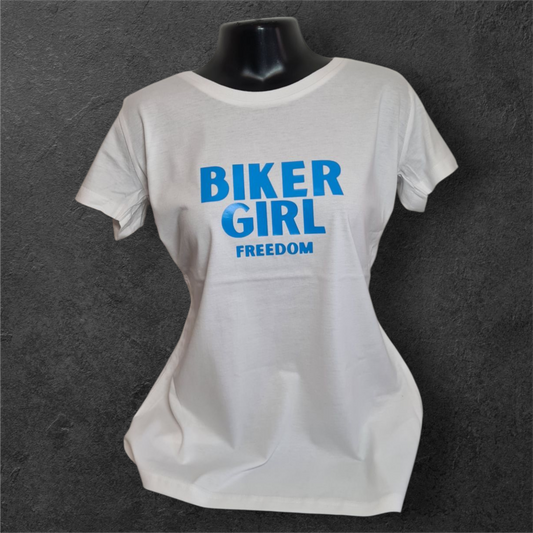 T-shirt blanc femme à manche courte " Biker girl freedom " pour motarde