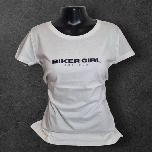 T-shirt blanc femme à manche courte " Biker girl freedom " pour motarde