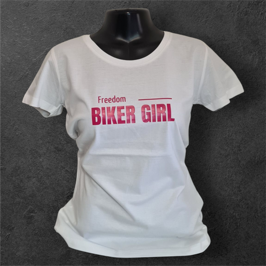 T-shirt blanc femme à manche courte " Freedom Biker girl " pour motarde