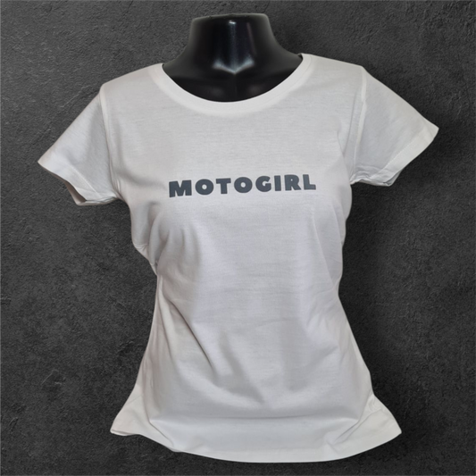 T-shirt blanc femme à manche courte " Motogirl " gris velours pour motarde