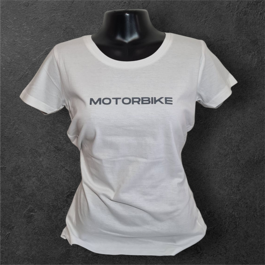 T-shirt blanc femme à manche courte " Motorbike " pour motarde gris velours