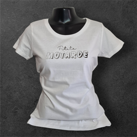 T-shirt blanc femme à manche courte " Petite motarde "