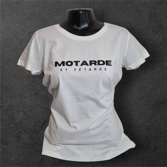 T-shirt blanc femme à manche courte carbone " Motarde et fêtarde " humour