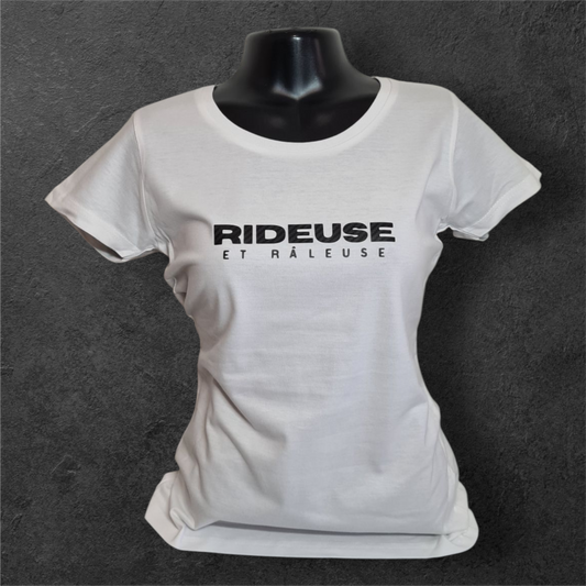 T-shirt blanc femme à manche courte carbone " Rideuse et râleuse " humour