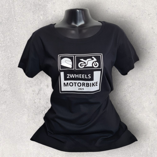 T-shirt noir à manche courte femme " 2wheels motorbike 2025 " pour femme