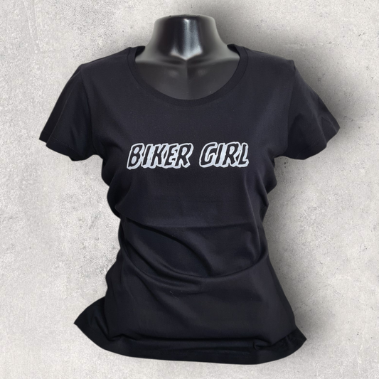 T-shirt noir à manche courte femme " Bikergirl " gris réfléchissant