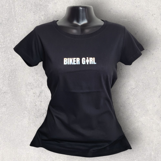 T-shirt noir à manche courte femme " Biker girl " holographique