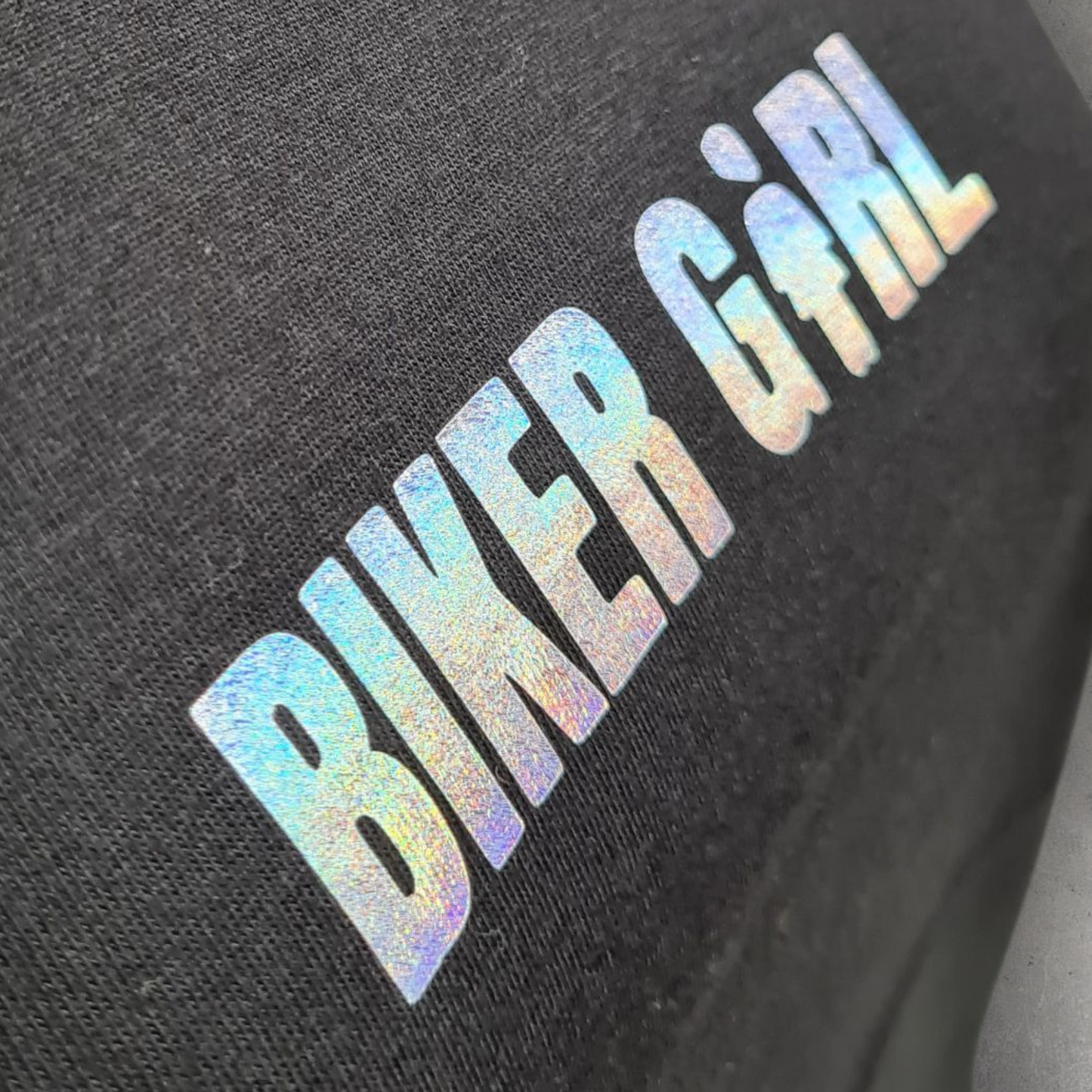 T-shirt noir à manche courte femme " Biker girl " holographique