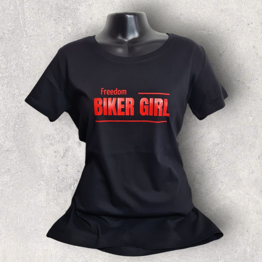 T-shirt noir à manche courte femme " Freedom biker girl " pour motarde