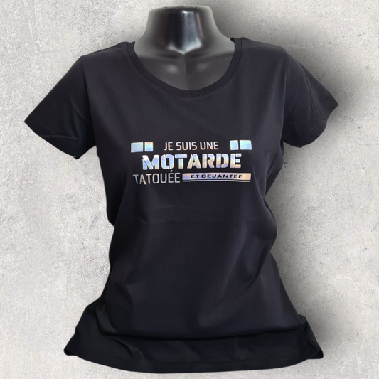 T-shirt noir à manche courte femme " Je suis une motarde tatouée et déjantée " holographique