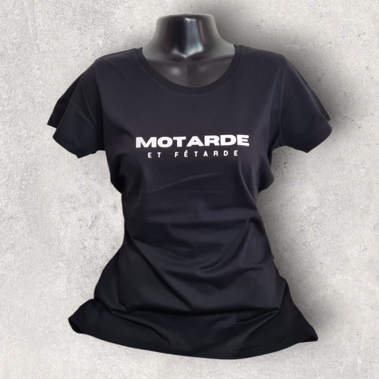 T-shirt noir à manche courte femme " Motarde et fêtarde "