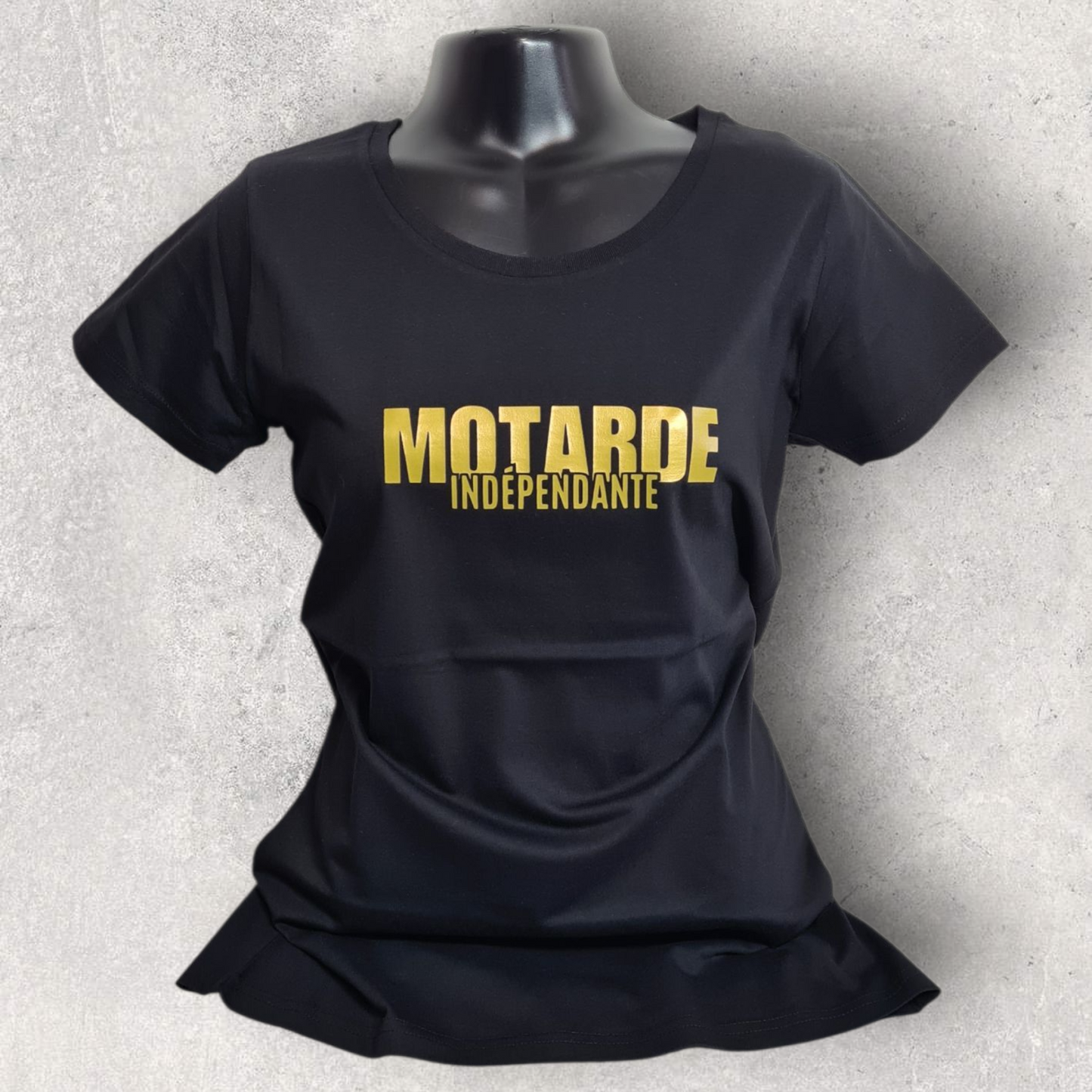 T-shirt noir à manche courte femme " Motarde indépendante " doré