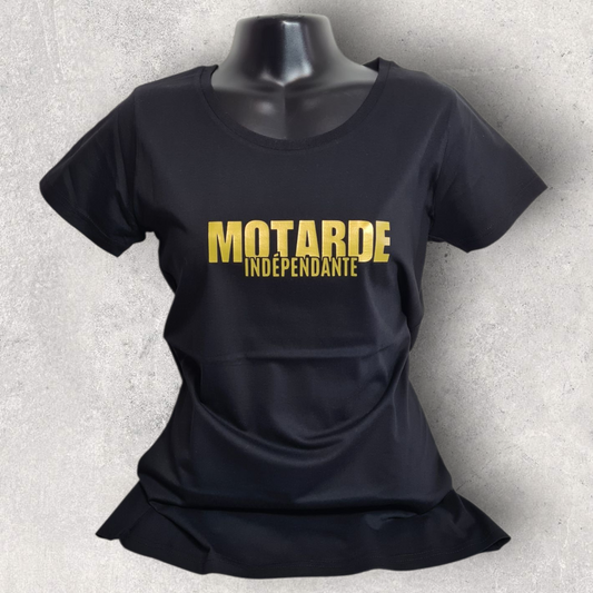 T-shirt noir à manche courte femme " Motarde indépendante " doré
