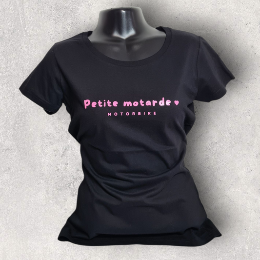 T-shirt noir à manche courte femme " Petite motarde motorbike "
